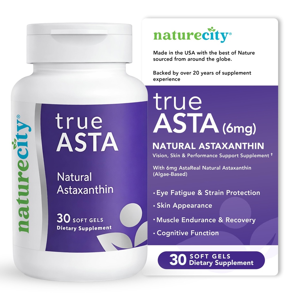 NatureCity TrueAsta 6mg Astavale Supplement met AstaEchte Ondersteunt Oog, huid, gewrichten, spieren, hersenen en bloedstroom 