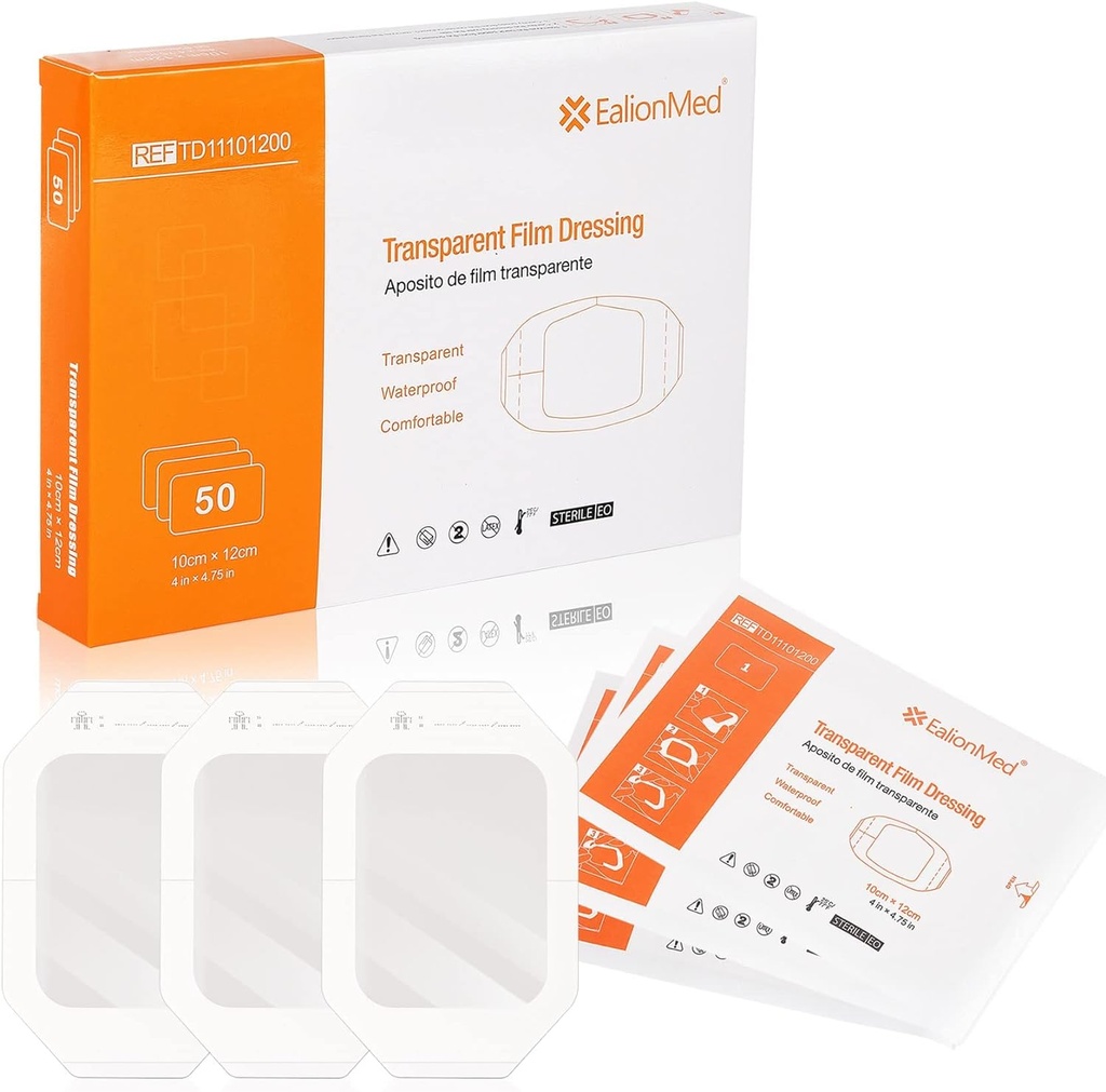 EalionMed Transparant Dressing, Wond Bandage, Kleef Patch, 4' x 4,75', 50 Pack, Clear, Ademend, Comfortabel, Doucheschild, Tattoo Bandage