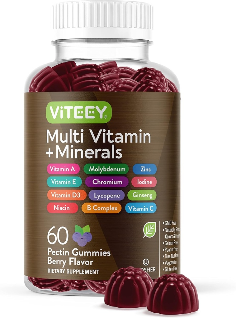 Multivitamine Gummies Vitaminen voor volwassenen en tieners - Immune Support Gummies - 12 dagelijkse vitamines en mineralen met vitamine C, D3, E, A, Zink & Meer - Vegetarisch, Glutenvrij - Kauwbare Berry Flavored Gummy