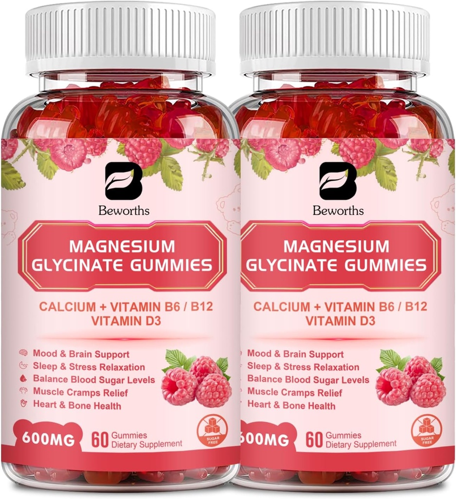 (2 Pack) 600 Mg Magnesium Glycinate Gummies, Magnesium Supplement Complex Magnesium Malate, Magnesium Citrate & Kalium, Ondersteunt Nacht & Gezamenlijk, Energie Boost, Vegan & 0-Sugar, Raspberry 120 Tel.