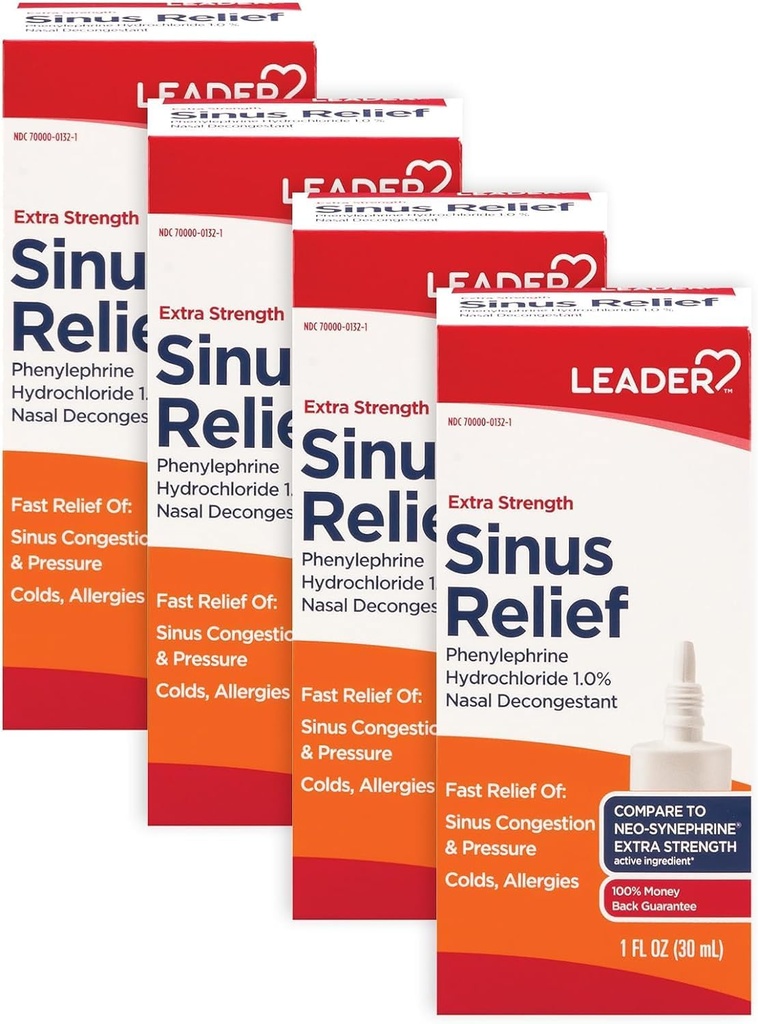 Leader Extra Strength Sinus Relief, Fast Acting, Sinus Decongestant, Neuscongestie Relief Spray, Cold & Allergie 30 ml Fles (verpakking van 4)