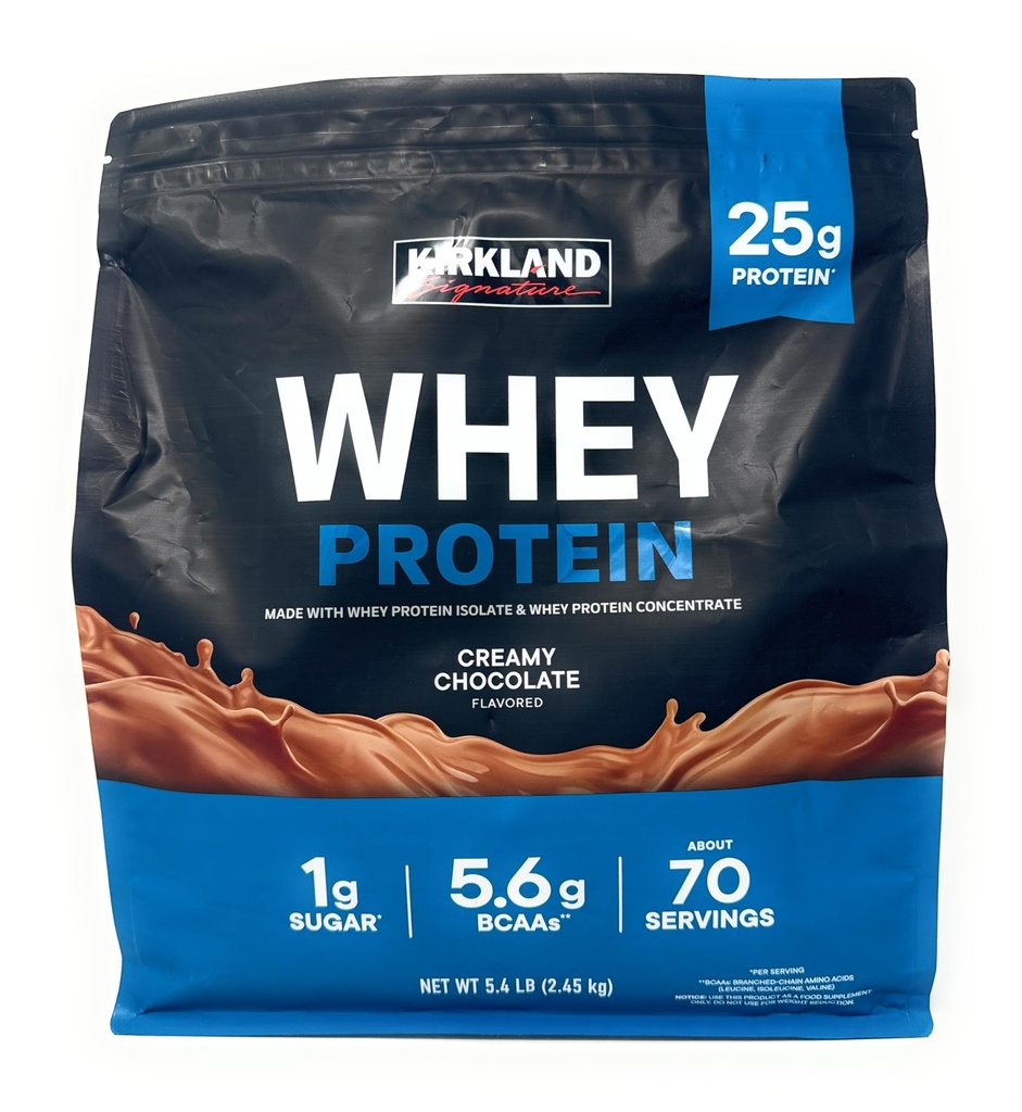Kirkland Signature Whey 25g Proteïne,1g suiker5,6g BCAA's, ongeveer 70 Serves Romige Chocolade Gearomatiseerd