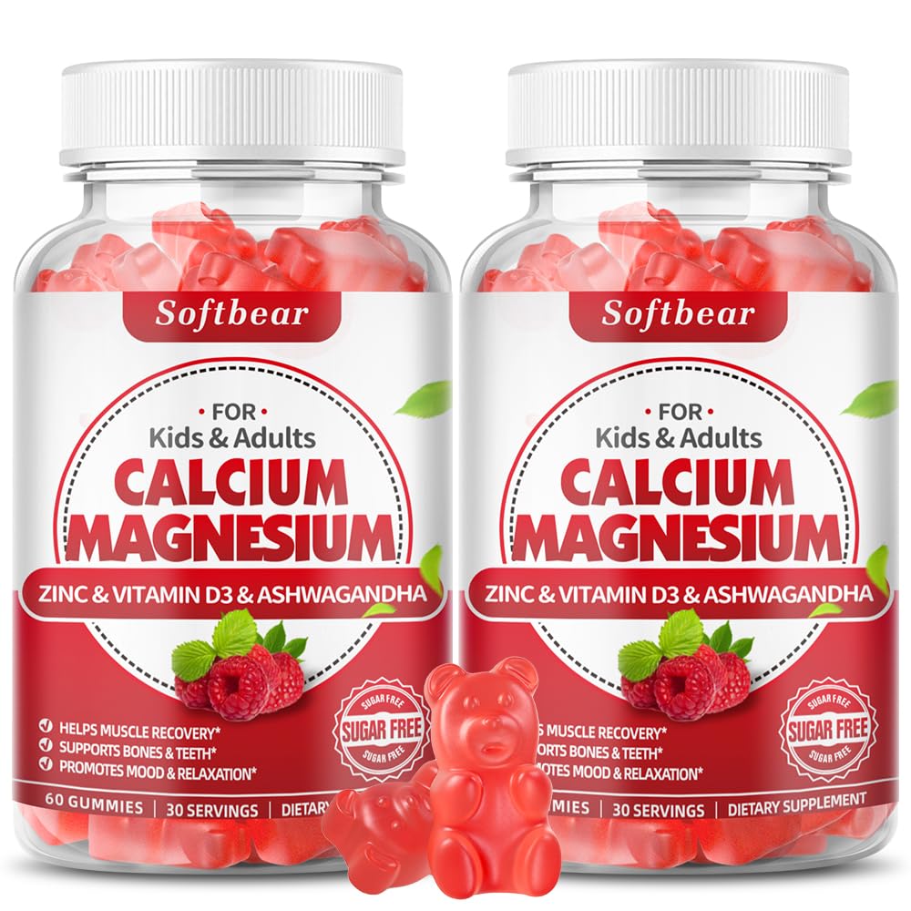 softbear Calcium Magnesium Zinc Gummies for Adult & Kids, Suagr-Free Calcium Magnesium Zinc D3 Supplement for Bone Strength & Immune Health, Raspberry Flavor 120 Count