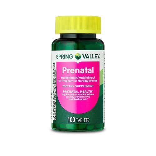 Spring Valley Prenatale Multivitamine/Multimineral voor Zwangere en Verpleegkundige Vrouwen Dieetsupplement Tablets, 100 Tel +Sticker, Dri Store.