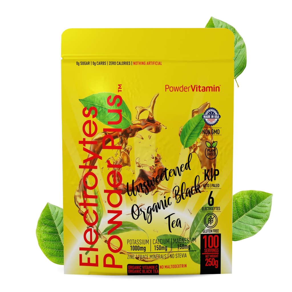 PoederVitamine Electrolytes Powder Plus (100 porties) Ongezoete zwarte thee Electrolyte Powder Keto, SugarFree,Pink Himalaya Salt,1000mgPotassium,150mgCalcium,150mgMagnesium,Hydration Powder NO STEVIA