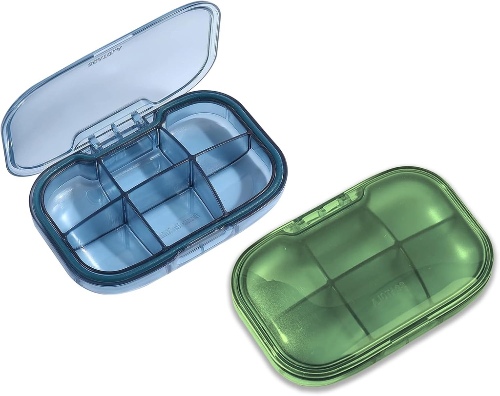 2 Pack 6 Compartiment Pillen Organisator, Vocht Proof Case voor reizen, Daily Portable Medicine Vitamine Container, Visolie en Supplement Opslag (blauw & groen)