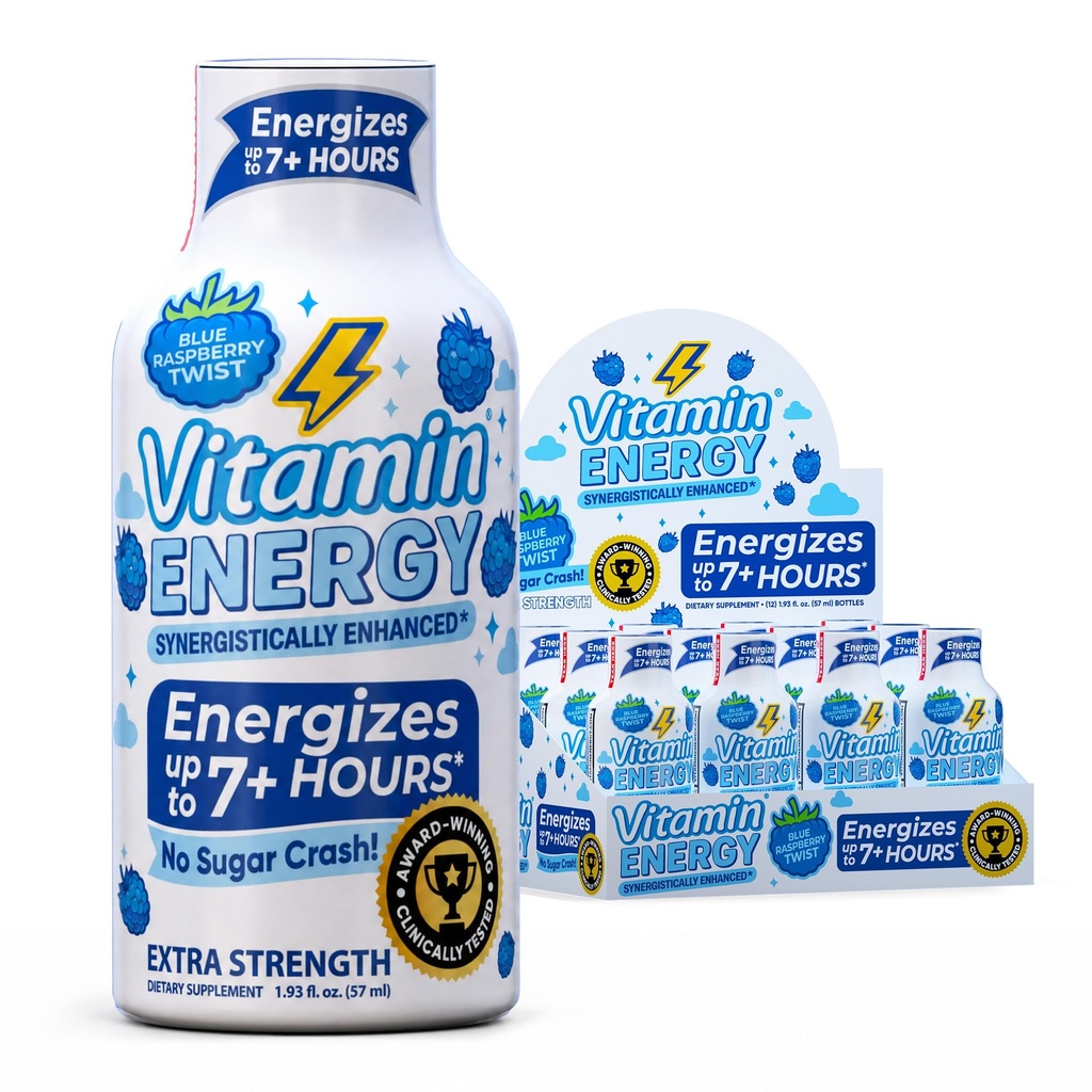 Vitamine Energie Immune+ Extra sterkte Energie Shot Blauw Raspberry 12 Pack, 260mg Natuurlijke Cafeïne, B-Vitaminen, Citicoline, Groene Thee, Immuniteit & Focus Ondersteuning, Zero Sugar, Glutenvrije 1,93 fl oz