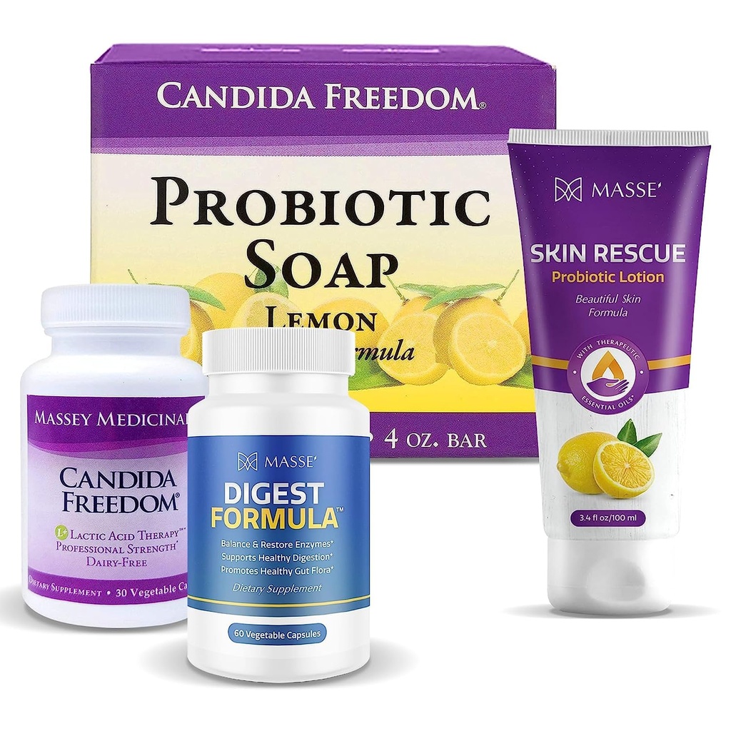 MASSE' Dieetsupplement voor juiste spijsvertering - Probiotische Balance & Restore Formula - Probiotische Lemon Body Soap and Skin Rescue Probiotic Lotion