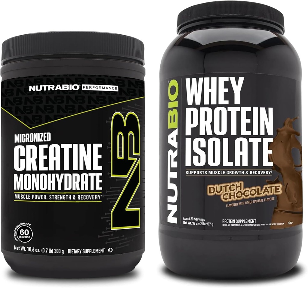 NutraBio Creatine Monohydraat, Unflavored, 300g en Wei Proteïne Isolaat, Nederlandse Chocolade, Supplement Bundle - Spierenergie, Lean Spiergroei, Herstel, en sterkte