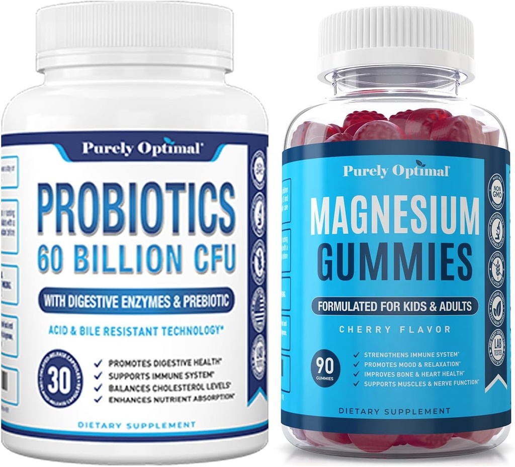 Purely Optimal Premium Probiotics 60 Billion CFU with Organic Prebiotics & Digestive Enzymes + Premium Magnesium Gummies Kids & Adults