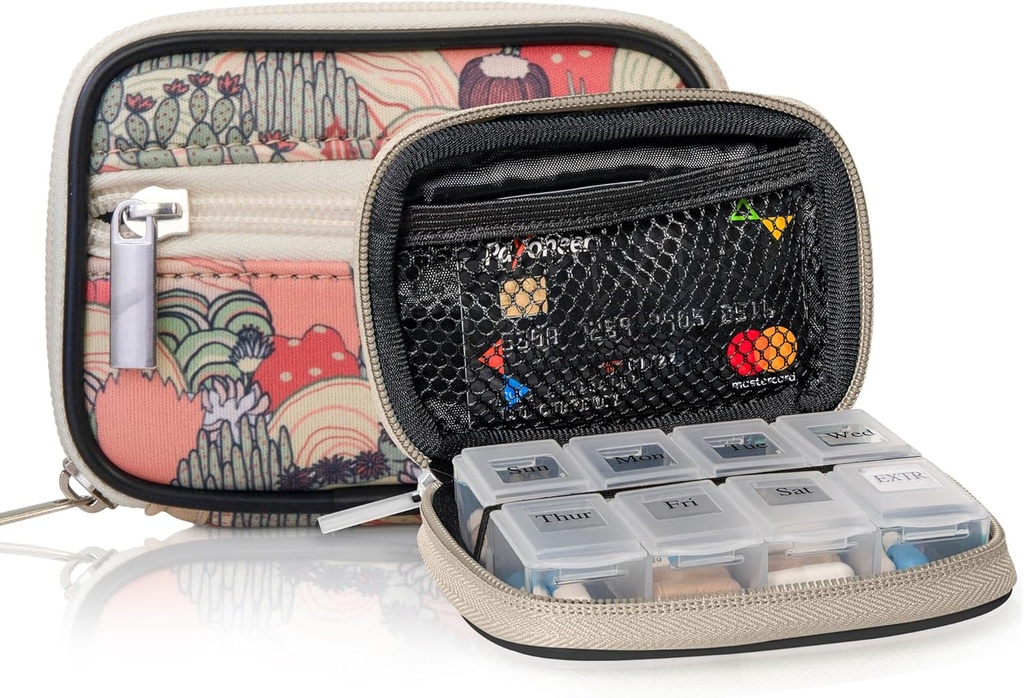 Make Easy Kit Pill Case - Weekly Medicine Organizer met verwijderbare zeven dagen vitamine en supplement doos - Premium Neopreen voor reistas accessoire (Desert Khaki)