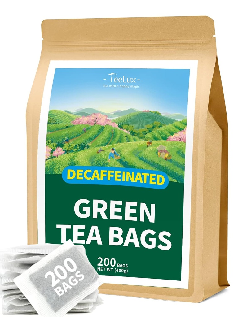 TeeLux Decaf groene theezakjes, pure cafeïnevrije groene thee, Super Antioxidant, Hot & Iced Thee, 200 Tellen