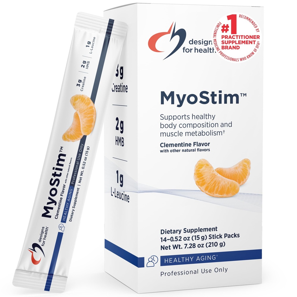 Designs for Health MyoStim - HMB + Collageen Peptides Powder with L-Leucine + Creatine to Support Healthy Aging - Kan helpen verminderen Leeftijd-gerelateerde spierverlies - Clementine-Flavored Drink (14 Stick Packs)