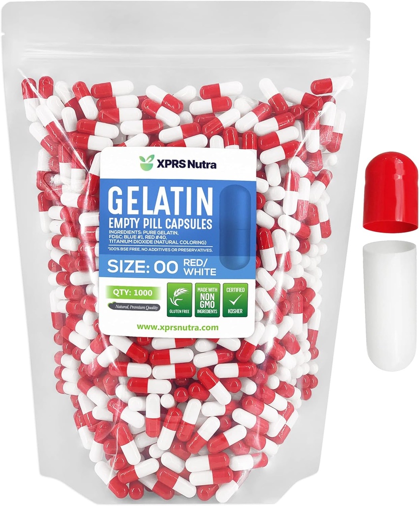 XPRS Nutra Formaat 00 Lege capsules - 1000 Telle Lege Gelatine Capsules - DIY Capsule Filling - Vulbare Pill Gel Caps voor Do-It-Yourself Supplements (Rode/Wit)