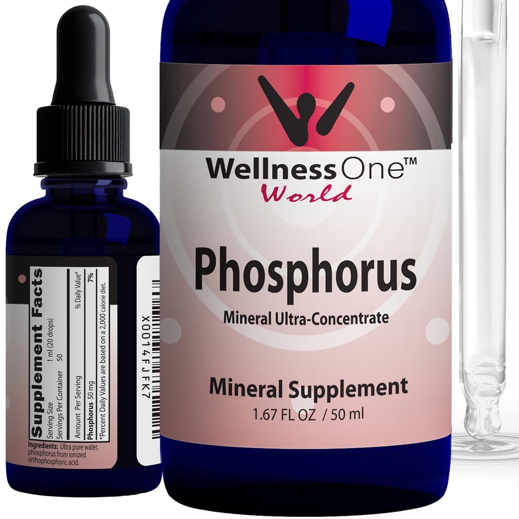 WellnessOne Ionic Phosphorus Supplements - Phosphorus Liquid from Ortho Phosphoric Acid for Teeth, Bone Health, & Energy Support - Non-GMO, Vegan, Gluten Free - 1.67 fl oz