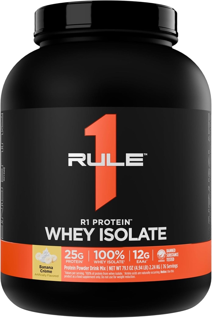 Artikel 1 R1 Proteïne Wei-isolaat - met 25 g eiwit en 6 g BCAA uitsluitend afkomstig van geïsoleerde en gehydrolyseerde bronnen voor workoutherstel (5 pond*, Banana Crème)