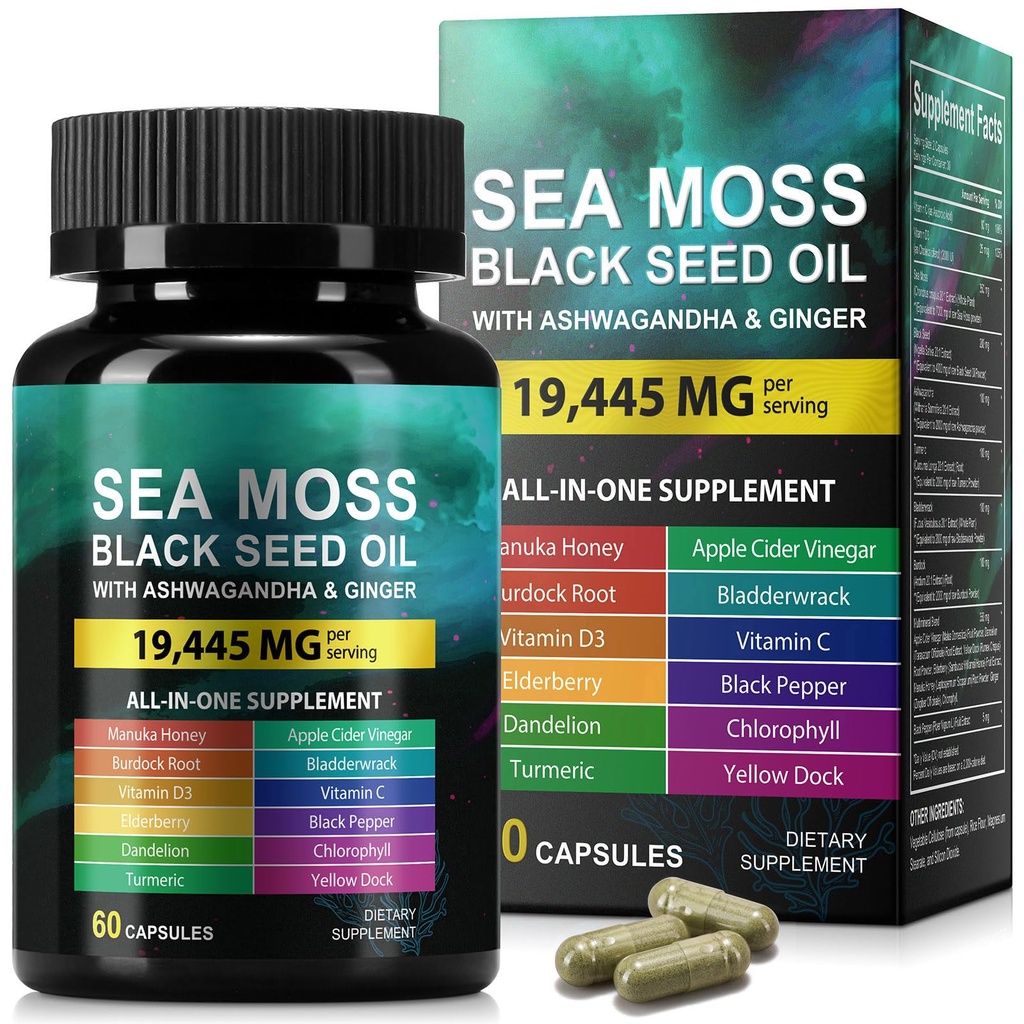 Sea Moss Black Seed Oil Ashwagandha Ginger, Sea Moss Capsule Supplement met Kurkuma Burdock Root Bladderwrack Vitamine C Vitamine D3 Enhanced Immunity & Energy Black Seed Oil Capsule 60 Tel.