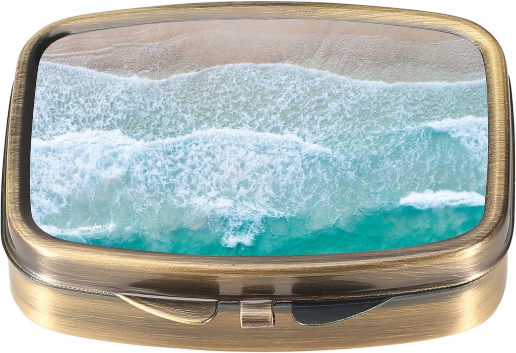 Dynippy Pill Case Pill Box met spiegel Retro Pocket 2 Compartiment Medicine Case Vitamine Pill Organizer voor Pocket Purse en Travel (A-Sandy Beach)