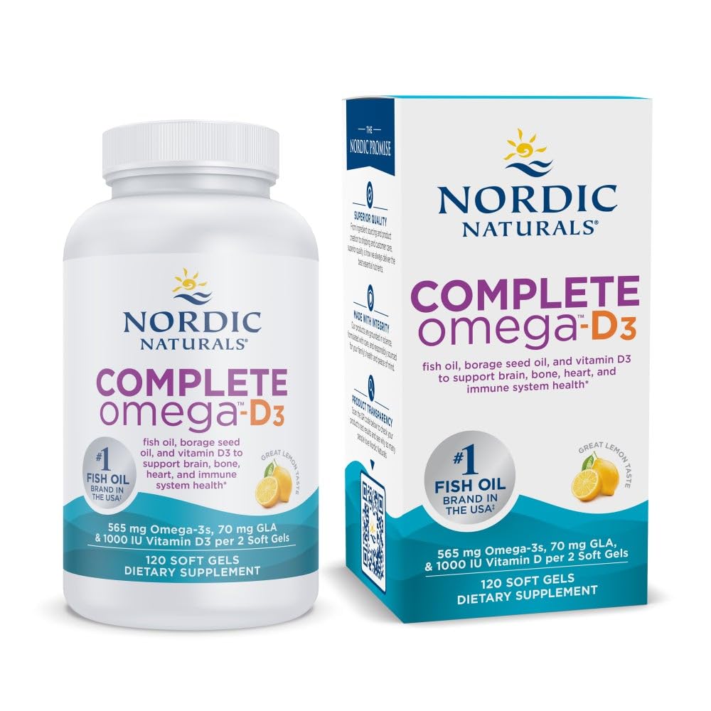 Nordic Naturals Complete Omega-D3, Citroensmaak - 120 Zachte Gels - 565 mg Omega-3 + 70 mg GLA + 1000 IE Vitamine D3 - EPA & DHA - Gezonde huid, cognitie, positief goede - Niet-GMO - 60 porties