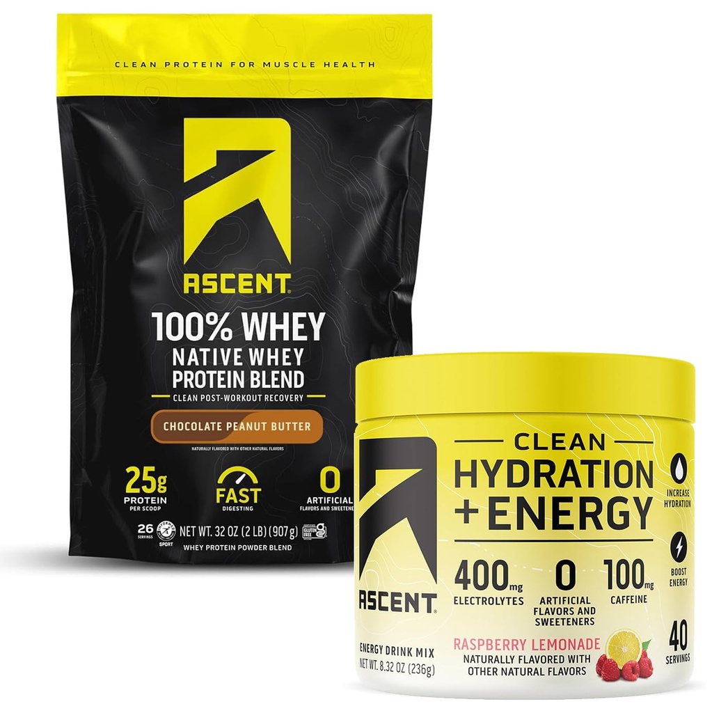 Ascent 100% Wei Proteïnepoeder, Chocolade Pindakaas 2 lb & Hydration + Energie Elektrolyten, Raspberry Lemonade 40 Servers