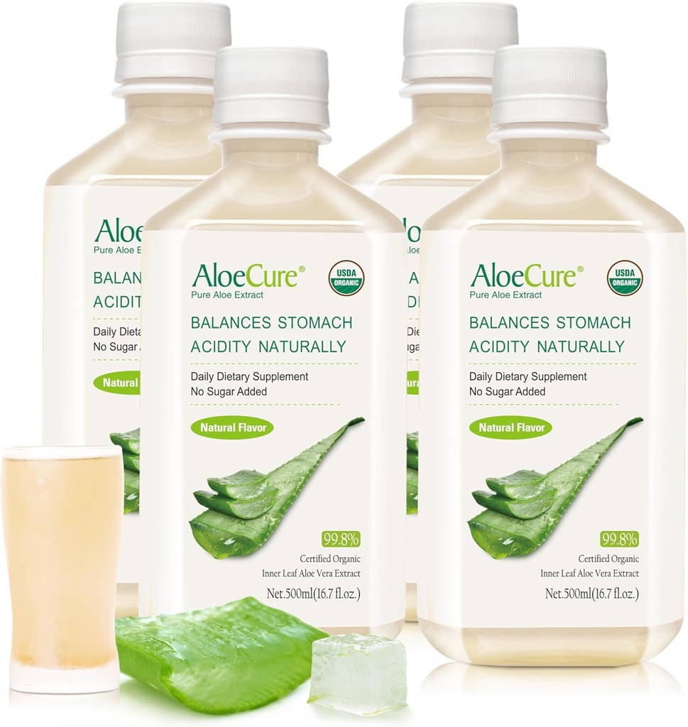 AloëCure USDA Organische Aloë Vera sap gemaakt binnen 12 uur van de oogst - Pure Aloë Juice Natuurlijke Verteringssupplement ter ondersteuning van spijsvertering, immuunsysteem en evenwichtige maagzuur, 4 x 500ml flessen