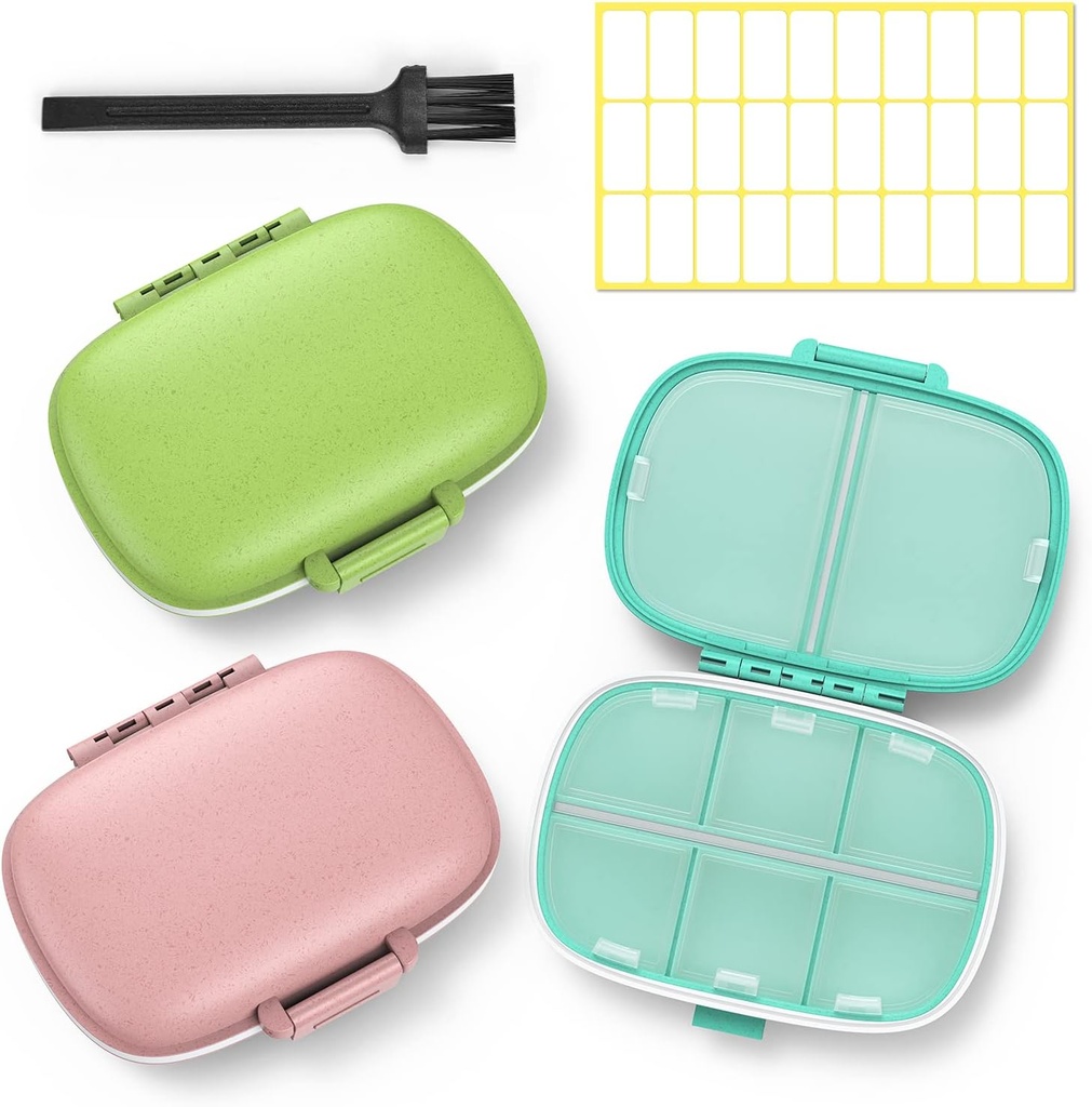 3 Pack 8 Compartments Travel Pill Box,Pill Organizer 7 Dagen Vocht Proof Kleine pil Case voor Pocket Purse Dagelijks Portable Medicine Vitamine houder Container(Pink+Blue+Green)