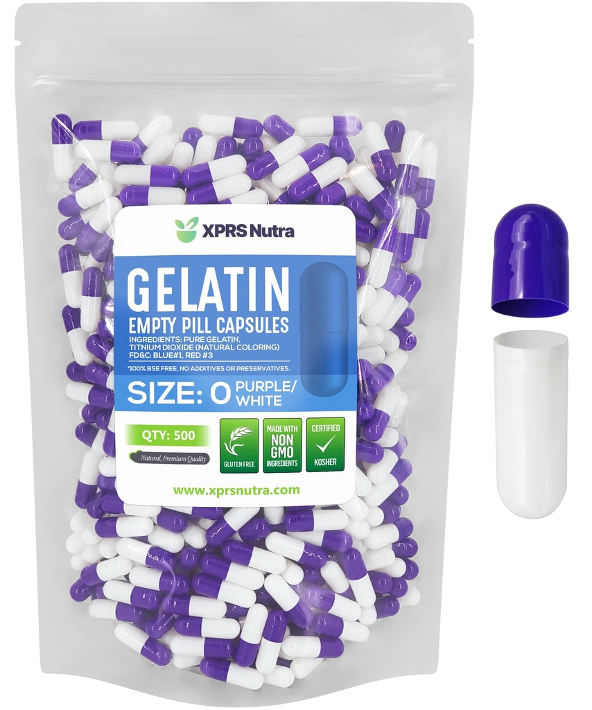 XPRS Nutra Maat 0 Lege capsules - 500 Telle Lege Gelatine Capsules - Pillen DIY Capsule Vulling - Pure Bovine Pill Gel Caps for Do-It-Yourself Supplements (Paars/Wit)