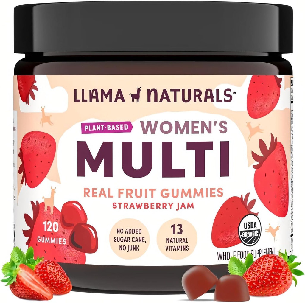 Llama Naturals Multivitamine voor vrouwen, Veganistisch, Biologische Gummies met vitamine D, C en K, Vrouwen Real Fruit Gummy Vitaminen, Kauwbare Multivitamine Supplement, Geen Toegevoegd Suiker Cane, Aardbei, 120 Ct
