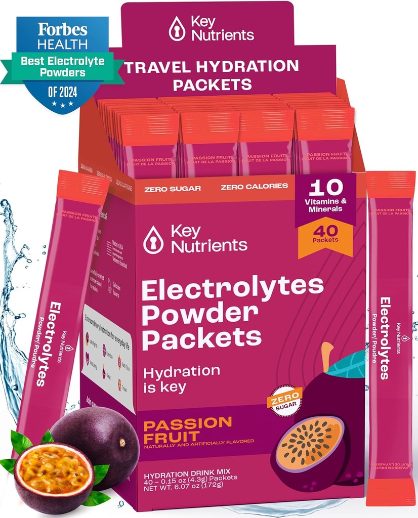 KEY NUTRIENTS Multivitamin Electrolytes Powder Packets - Delicious Passion Fruit 40 Pack Hydration Packets - Travel Hydration Powder - No Sugar, No Calories, Gluten Free - Made in USA