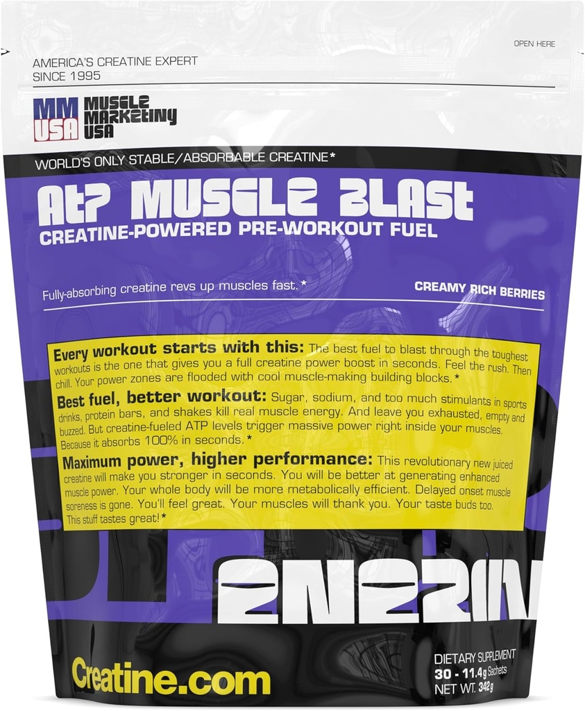 MMUSA ATP Muscle Blast: 's Werelds enige stabiele Creatine Energy Drink. Onmiddellijke absorptie. Onmiddellijke Boost voor Intense Bodybuilding, Endurance Sports. Train Harder, Sneller herstellen. 30 sachets, 11,4g Elk
