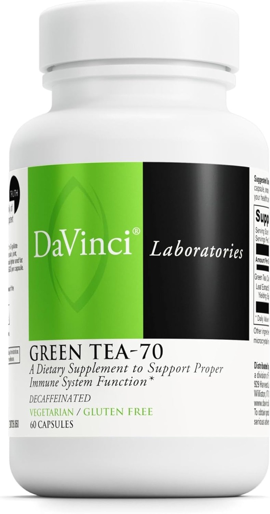 DaVinci Labs Green Tea-70 - Dieetsupplement ter ondersteuning van het immuunsysteem, cardiovasculaire gezondheid en Cholesterol Gezondheid - met groene thee Extract - cafeïnevrije - Glutenvrije -60 Vegetarische Capsules