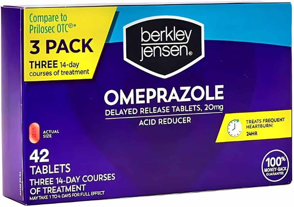 berkley jessen Omeprazol 20 mg Vertraagde Release Tablets - Heartburn Medicine-Acid Reducer Pillen - Treats Frequent Heartburn - 3 x 14 dagen Cursussen, 42 tel Totaal (Pack of 1)