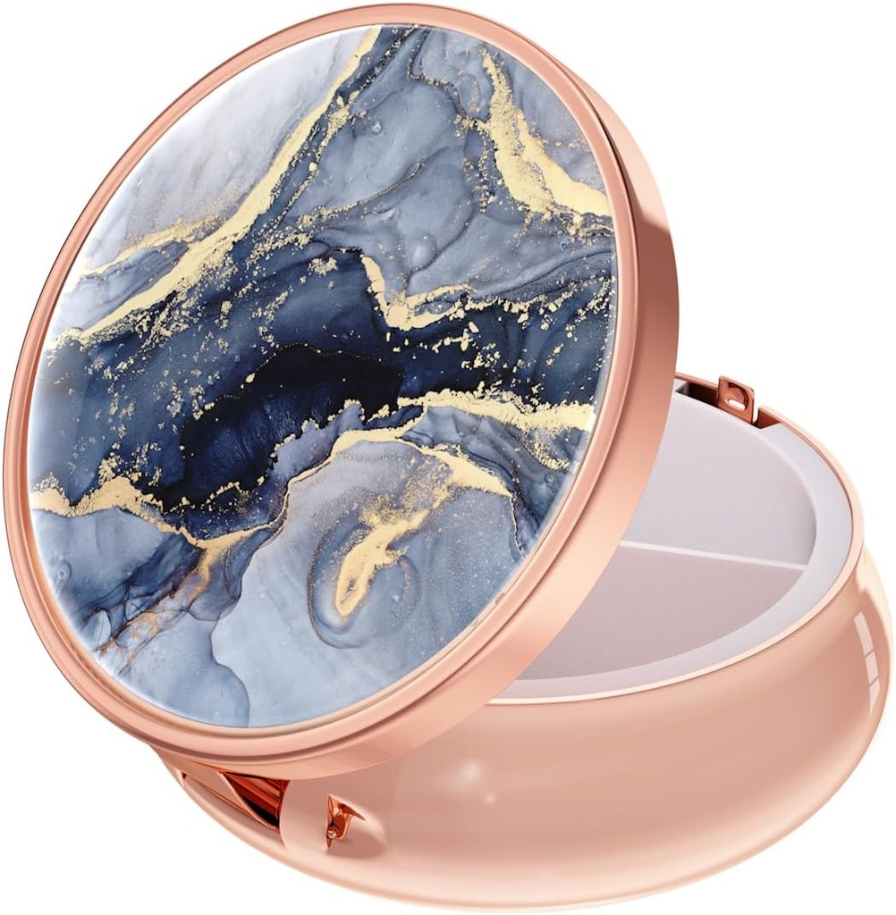 Rouidr Pill Box, 3 Compartiment Medicine Pill Case, Small Metal Travel Medicine Box for Purse & Pocket, Rose Gold, Dark Grey Marble