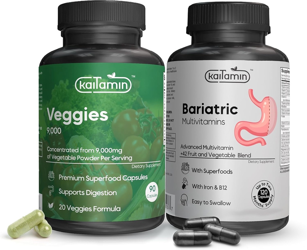 Bariatrische Multivitamine met ijzerbundels Veggies 9000 Superfood Capsules, 2 maanden levering van Bariatrische Multivitamine met extra groenten Superfood Capsules