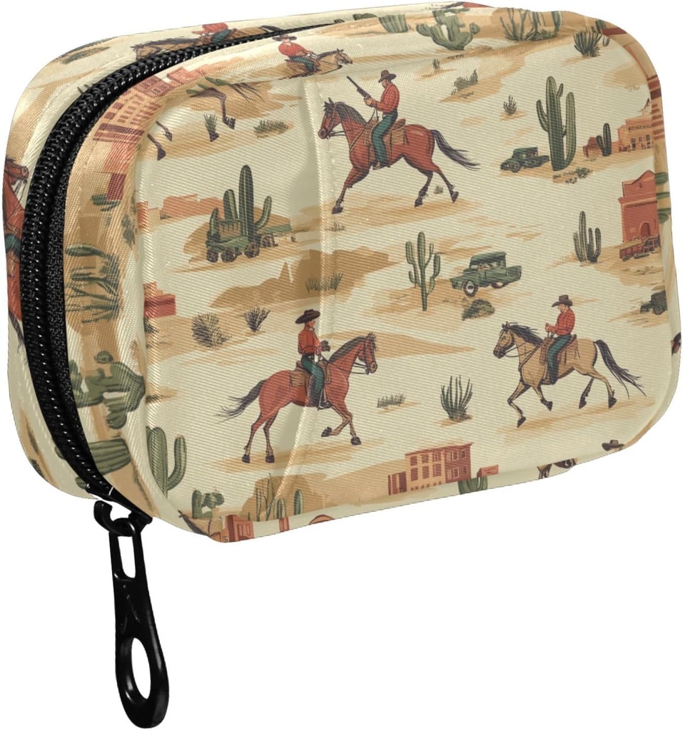 Fustyad Cowboy Riding Horse and Desert Cactus Pill Organizer voor Purse, Weekly Portable Pill Box met rits naar opslag Vitaminen Visolie Medicijnen Supplementen