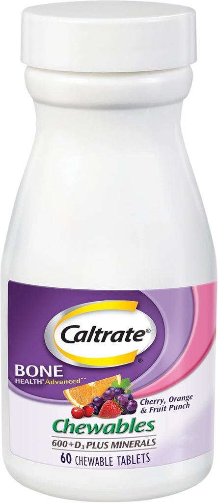 Caltrate kauwtabletten 600 Plus D3 Plus Mineralen Calcium Vitamine D Supplement, Kers, Oranje en Fruit Punch - 60 Tellen