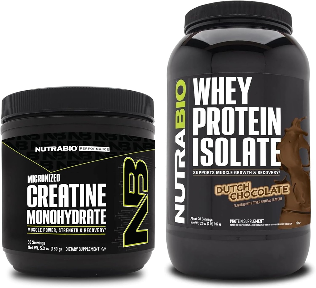 NutraBio Creatine Monohydraat, Unflavored, 150g en Wei Proteïne Isolaat, Nederlandse Chocolade, Supplement Bundle - Spierenergie, Lean Spiergroei, Herstel en sterkte