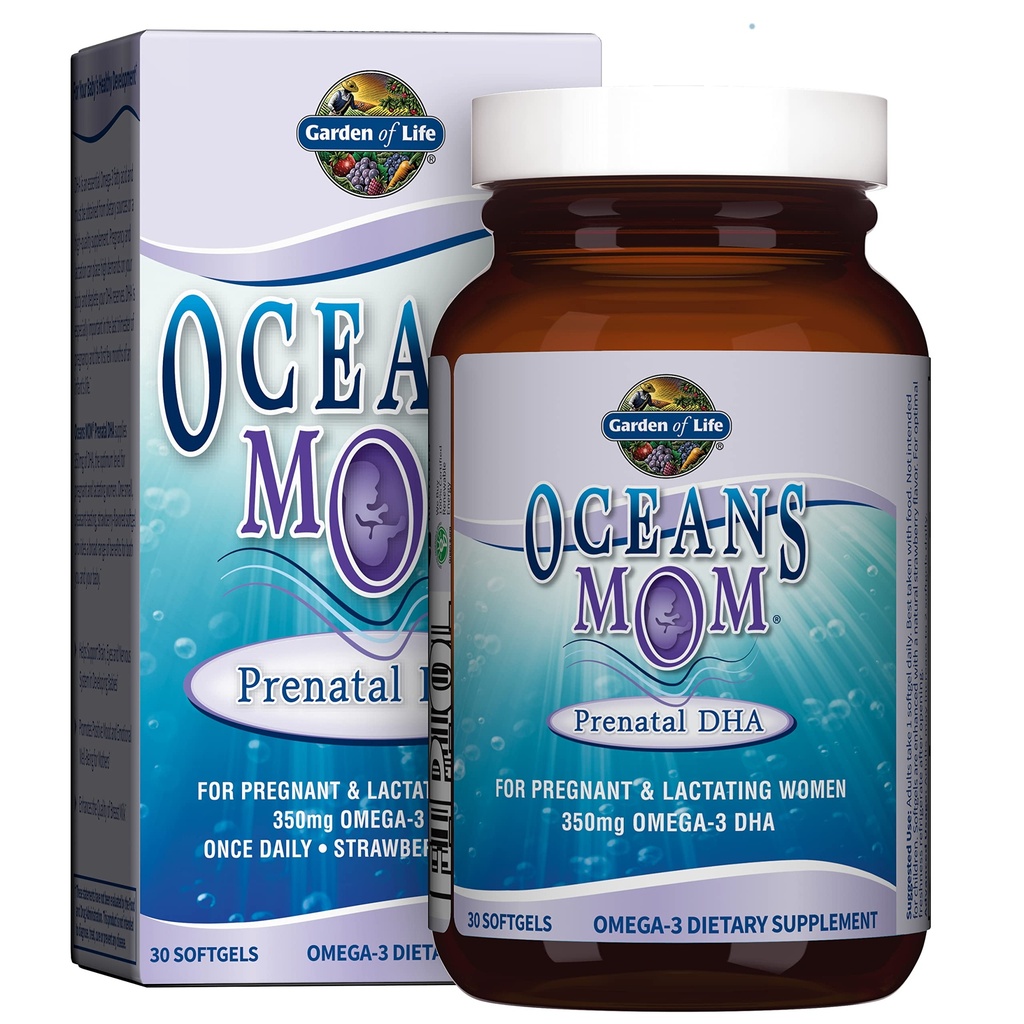 Tuin van het leven Oceanen Mam Prenatale visolie DHA, Omega 3 supplement - Aardbei, 350mg Prenatale DHA Zwangerschap Fish Oil Ondersteuning voor mama's, baby's hersenen & oogontwikkeling, 30 kleine Softgels