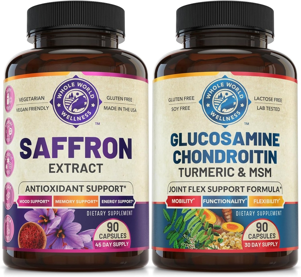Pure Saffron Extract & Advanced Joint Support Bundle (Elke fles). Ondersteunt Mood, Energy Boost, Metabole functie, en Joint Health. USA Made.