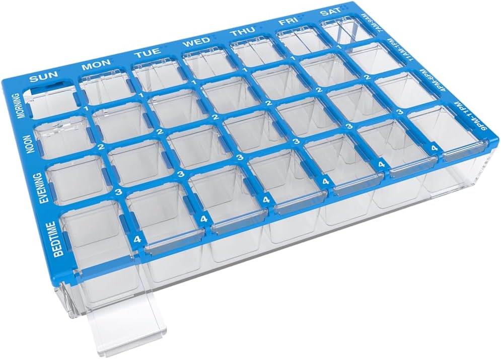 EZY DOSE Pill Organizer Weekly (7-Dag), Medicine Planner, Vitamine Box, Kleine Compartments met Easy Fill Tray Case, 4 keer per dag, gemakkelijk te gebruiken containers, duidelijke deksels, blauw, BPA gratis