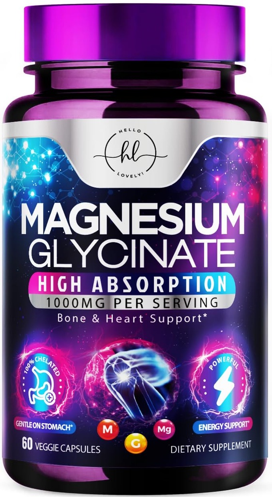 Magnesium Glycinate 1000mg - Hoge absorptie & gecheleerd ter ondersteuning van bot, spier, zenuwen & hart gezondheid - natuurlijke slaap & stress ondersteuning vrouwen & mannen - veganistisch, gluten & sojavrij, niet-GMO - 60 capsules