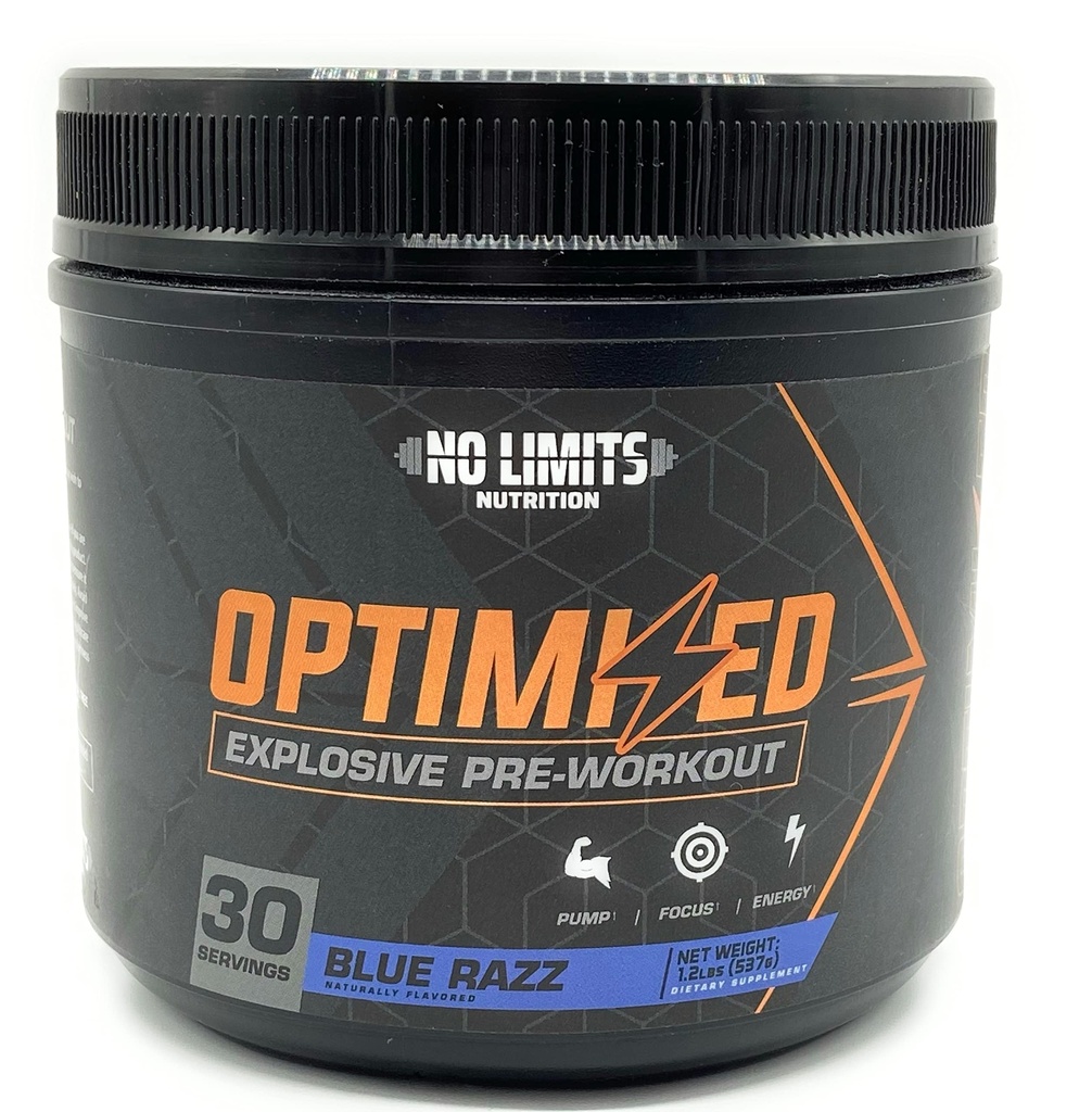 "Optimized" Blue Razz Pre-Workout Powder / Massive Pumps / Verhoog spiermassa, sterkte & Focus / Beta Alanine + L-Citrulline + Betaine Anhydraat + Creatine + Cafeïne Anhydraat / 30 Servers