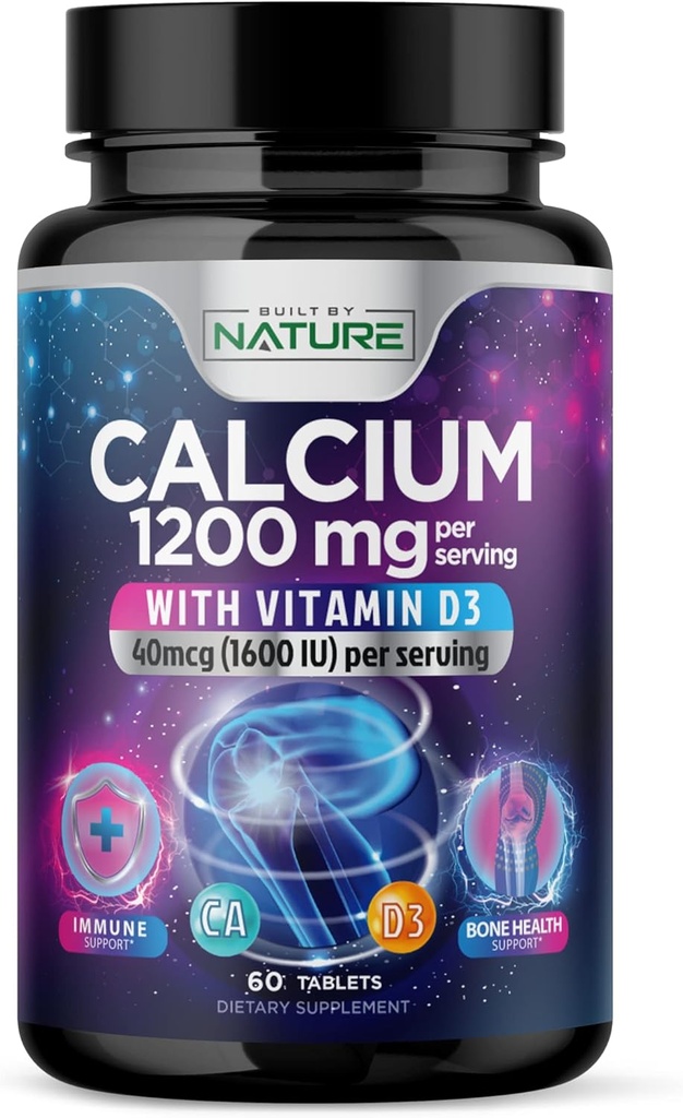 Calcium 1200 mg met vitamine D3 voor beste absorptie - Advanced Bone Support Supplement, 1200 mg Calcium Carbonaat & 1600 IE Vitamine D3, langzame afgifte voor Immune Support, gemakkelijk doorslikken, 60 tabletten