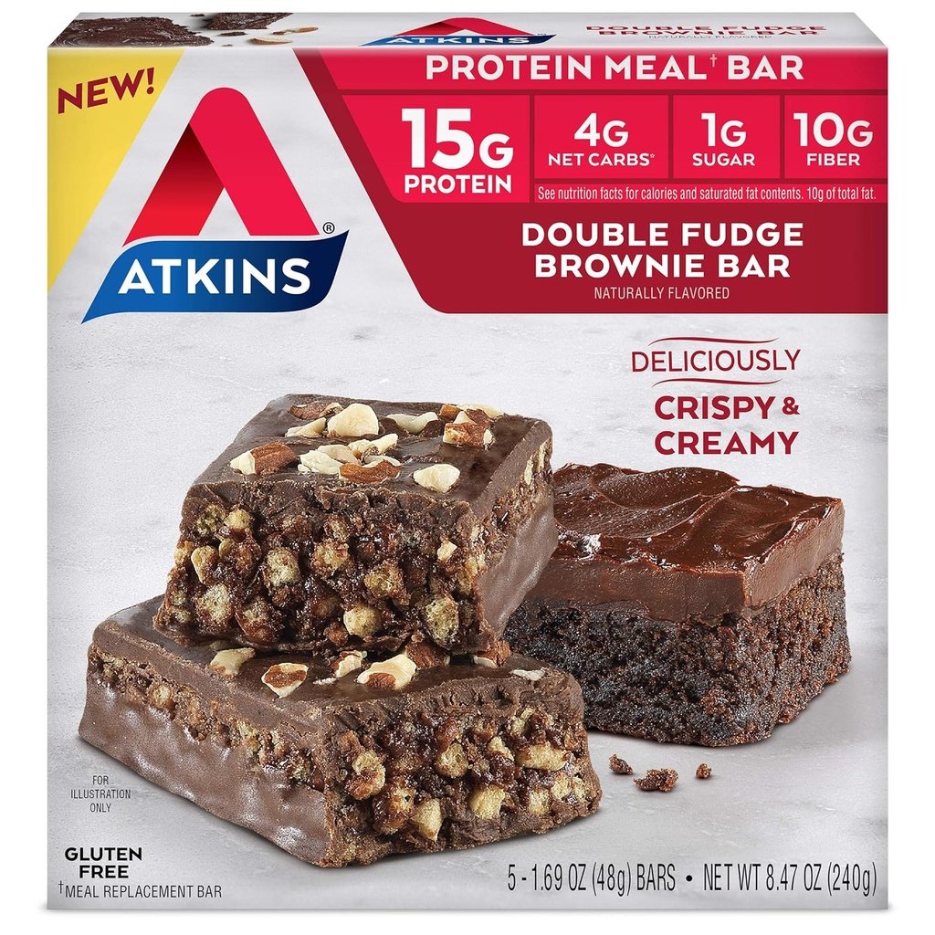 Atkins Double Fudge Brownie Protein Meal Bar, High Fiber, 15g Protein, 1g Sugar, 4g Net Carb, Meal Replacement, Keto Friendly