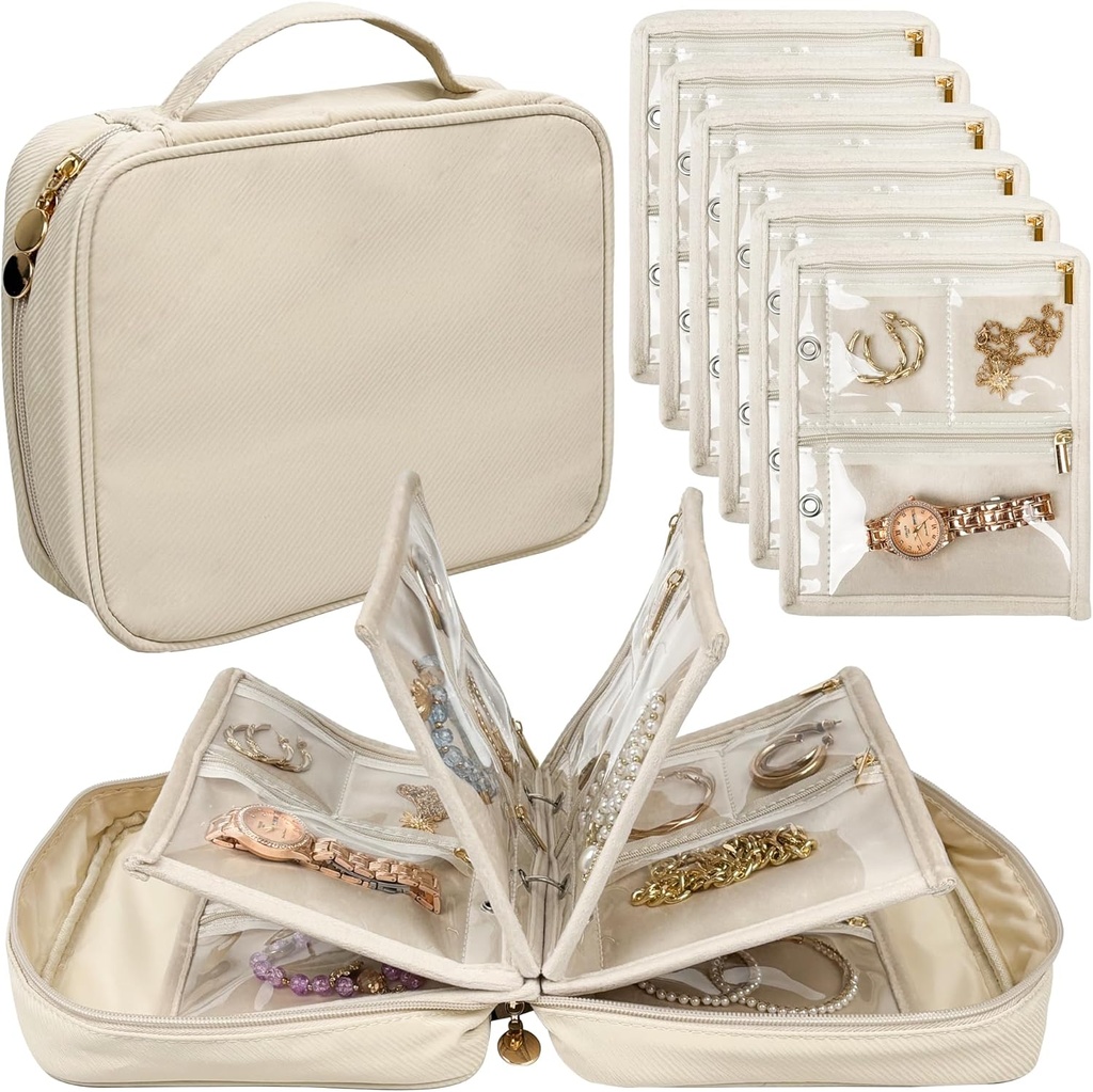 Reis Sieraden Organisator Case, Juwelen Tassen Sieraden Opslag Boek Binder met Clear Ripper Velvet Pouch voor Reizen,Oorbellen, Ringen, Ketting, Armband (Wit)