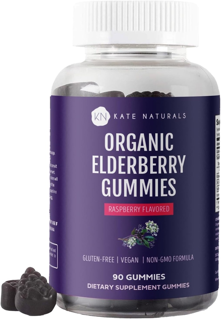 Kate Naturals Vlierbes Gummies met vitamine C en zink voor volwassenen en kinderen. Smakelijke Sambucus Vlierbes Gummies voor Immune Support (90 Gummies, 45 Day Supply, Organic)