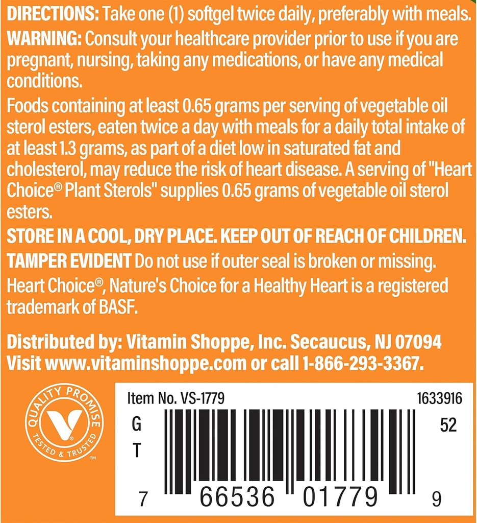 The Vitamin Shoppe Heart Choice® Plant Sterols, Supports Cardiovascular & Cholesterol Health, 1 Serving Supplies .65 Grams of Vegetable Oil Sterol Esters (60 Softgels)