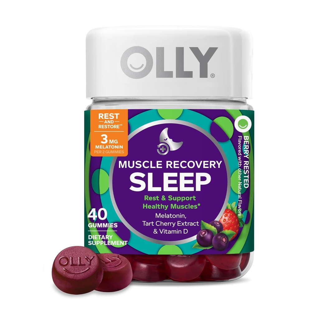 OLLY Muscle Recovery Slaap Gummies, Slaap en Pijn Spierondersteuning, 3mg Melatonine, Tart Cherry, Vitamine D, Berry Flavor - 40 Tellen