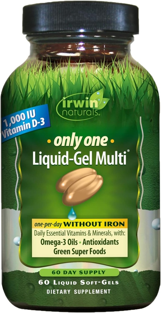 Irwin Naturals Only One Liquid-Gel Multi - 60 Liquid Softgels - No Iron Daily Essentiële Vitaminen, Mineralen, Antioxidanten, Omega-3 & Green Super Foods