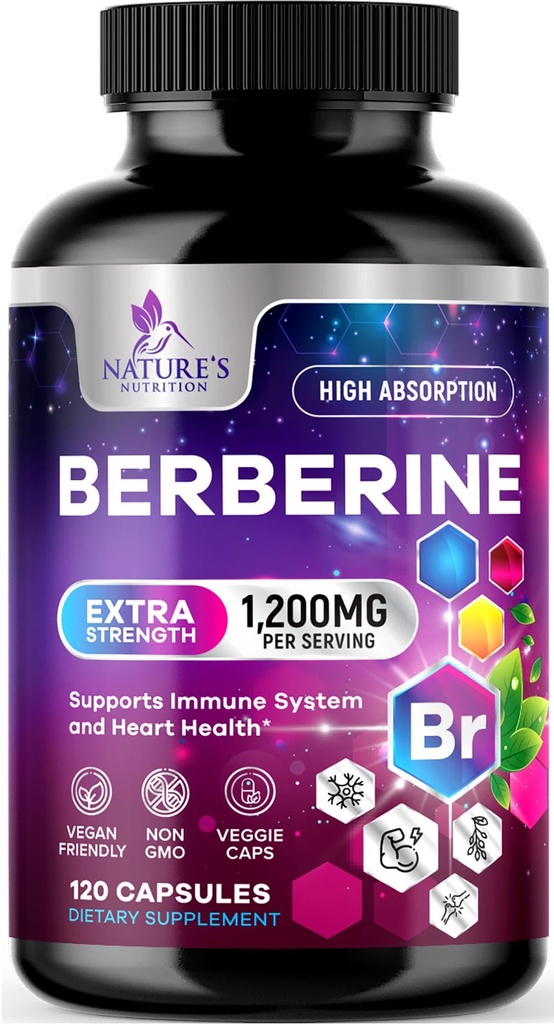 Berberine HCL 1200mg Supplement - Berberine HCI Capsules Hoge Absorptie Supplement voor Hartgezondheid en Immune Ondersteuning, Hoge Sterkte, Glutenvrij, Veganistisch, Non-GMO Pillen - 120 Veggie Capsules